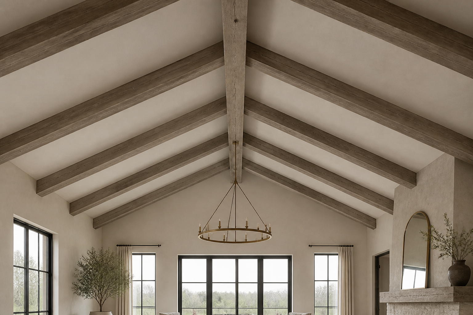 Weathered oak beams arranged across a vaulted ceiling